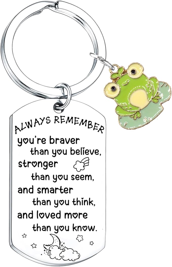 Detailed view of the 'Always Remember' engraved message on a durable stainless steel keyring with a colourful frog attachment.