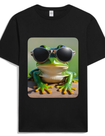 A t-shirt from our merchandise range depicting a frog wearing sunglasses sat on a log