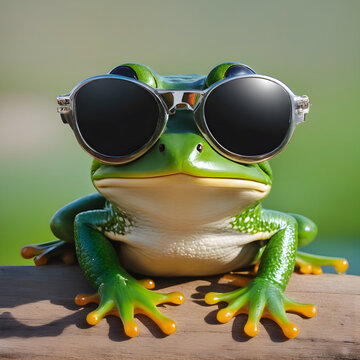 A frog wearing sunglasses sat on a log