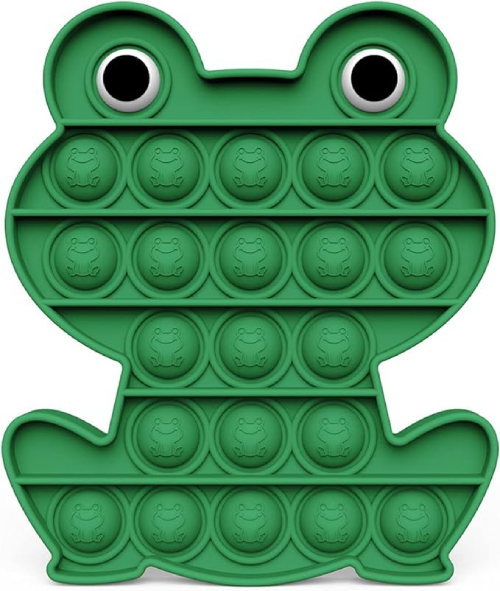 A green pop fidget with frog eyes and in the shape of a frog